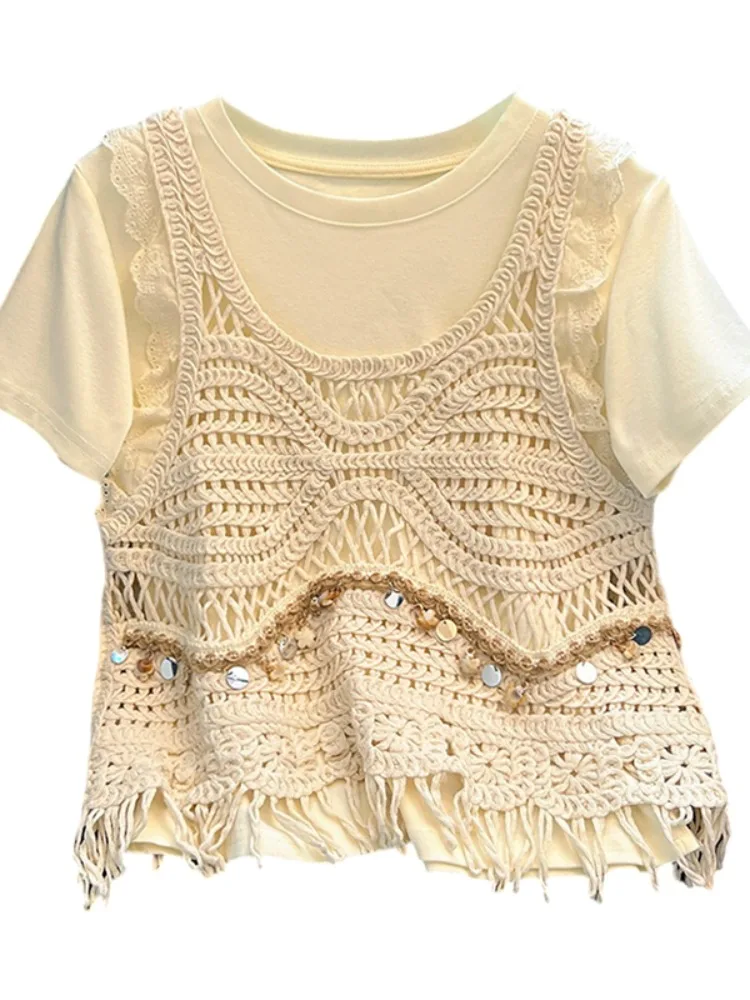 n Sle Knitted Cover up Vest Hollow out Tassel ort Sve Women's Two Piece Set Casual Comfortable Cotton Blend