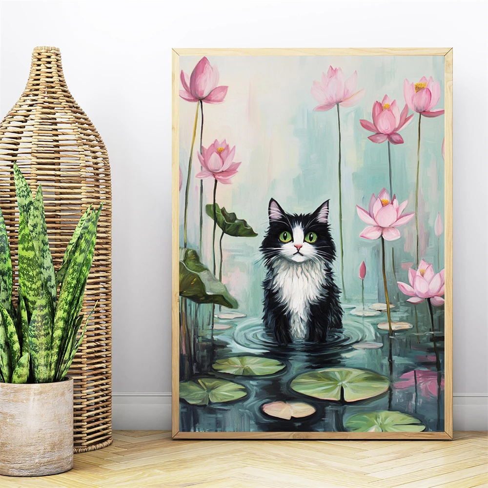 Whimsical Black Cat in Lavender Field Art Poster Cozy Vintage Floral Wall Art Print Black Cat Poster Black Cat in Hydrangeas Art