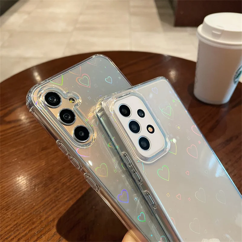 Holographic Laser Love Heart Transparent Case for Samsung Galaxy A57 A37 A17 A56 A36 A55 A54 Gradient Colorful Airbag Cover