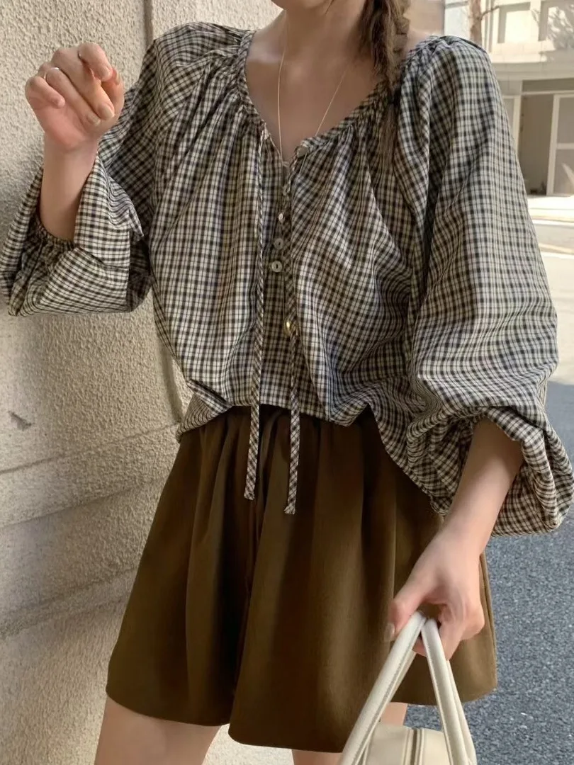 レトロな格子縞のサロングスベ レディース イルト スウィート ランタン スベ トップス 初秋の新作 韓国風 スレ エレ スモール イルト