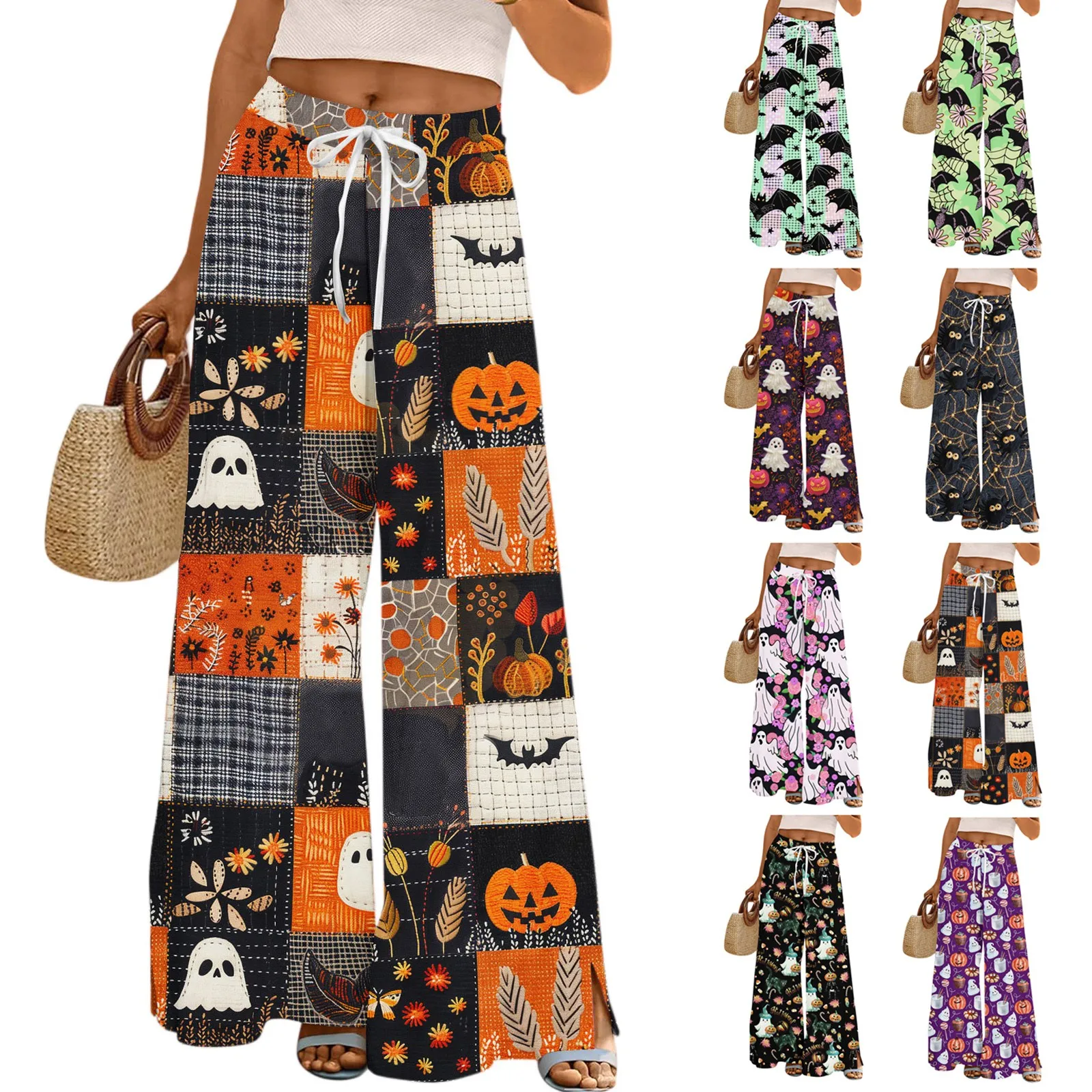 여성 바지 포켓이있는 넓은 다리 바지 캐주얼 바지 인쇄 된 탄성 허리 운동복 Pantalones De Mujer Cargo Pants Women