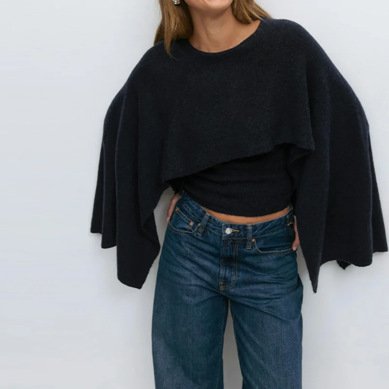 Elegant Autumn Winter Solid Knit Shawl Sweater Vintage O Neck Slim Fit Cape Soft Pullover 2025 New Lady Casual Streetwears