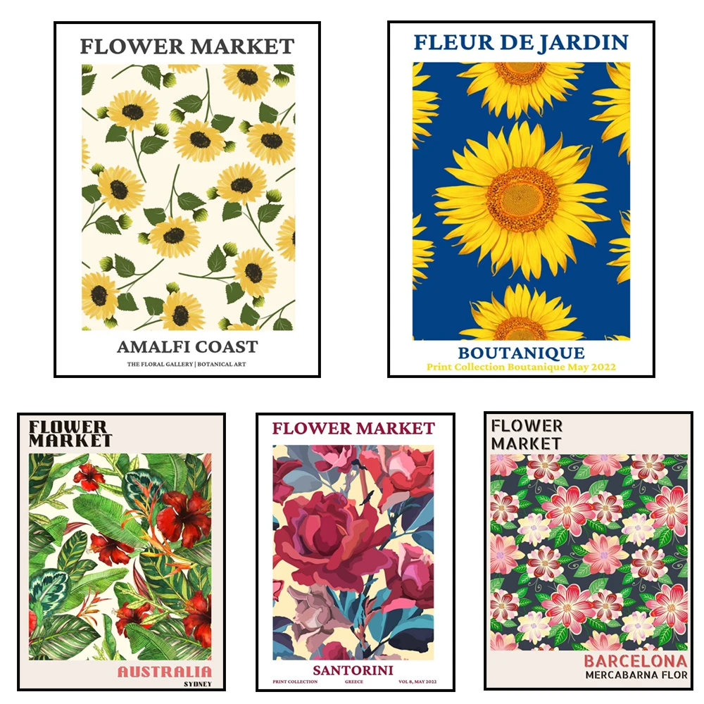 Cartel del mercado de flores, Londres, Portobello Road, arte botánico holandés, margaritas, rosas rojas, decoración floral estética de verano