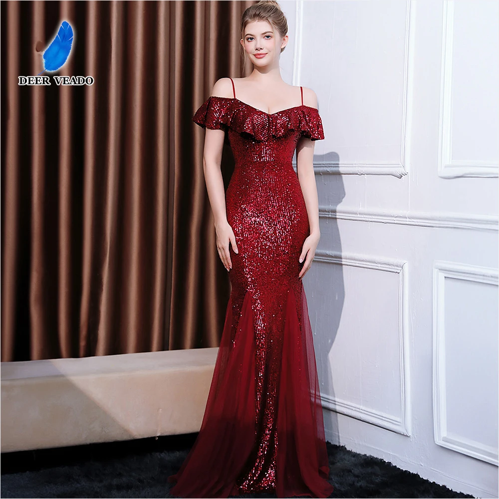 

DEERVEADO Mermaid Strap Sequins Evening Dress for Woman Elegant Off Shoulder Wedding Party Dress Formal Occasion Dresses Long