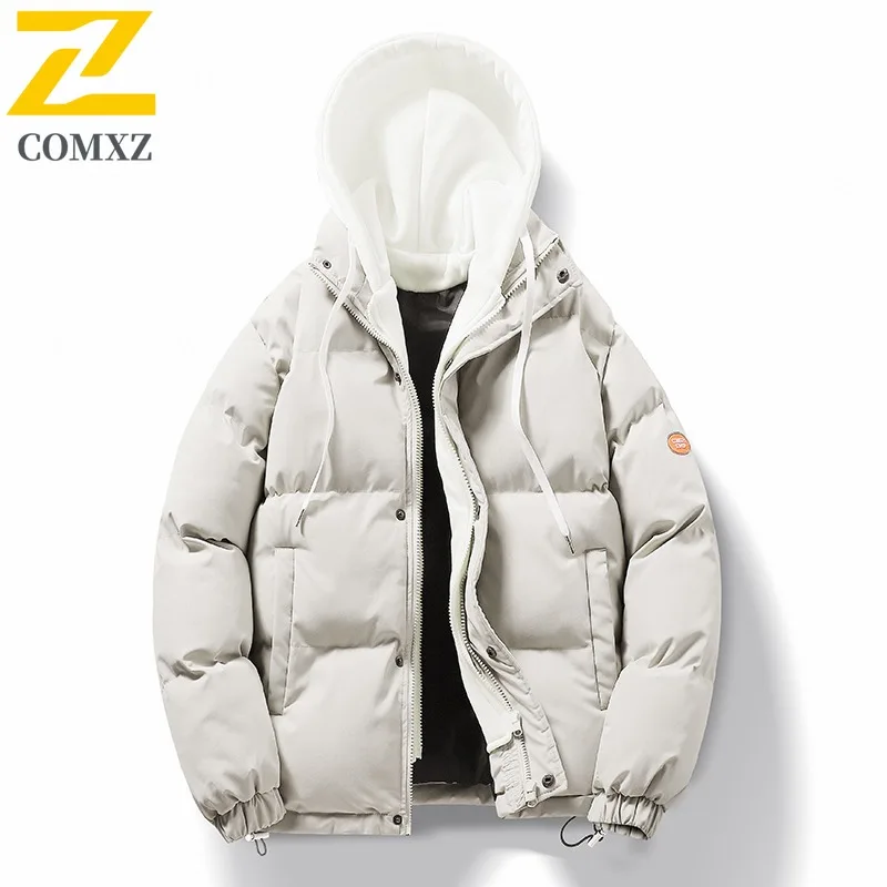 COMXZ 2025 الرجال وهمية قطعتين مقنعين صوف مبطن سترة قطن سميكة الشتاء العصرية الدافئة معطف خفيف الوزن