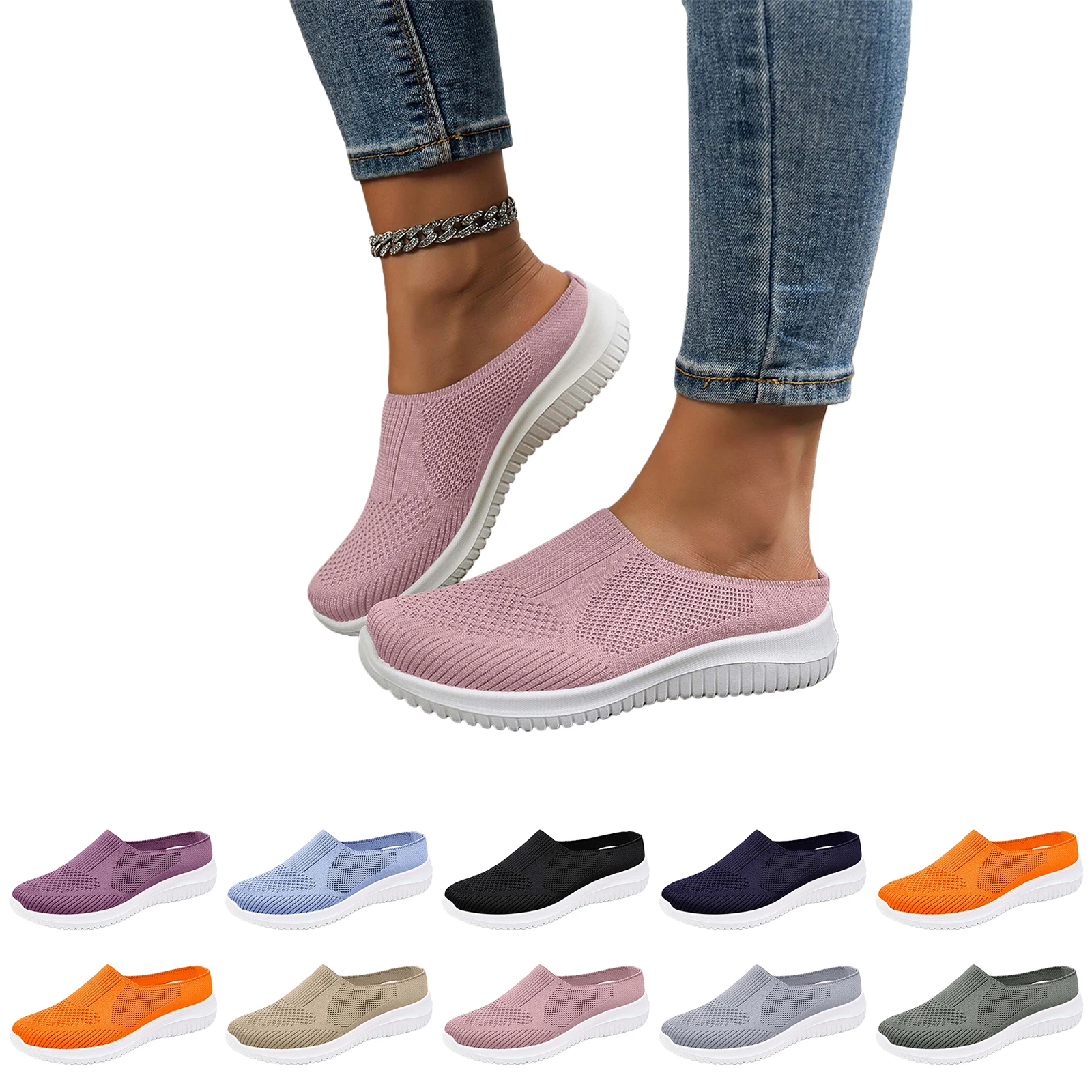 Flat Shoes Women Casual Mules Slip On Loafers Breathable Mesh Slip Hollow Out Multicolor Comfortable Daily Lightweight Soft Non