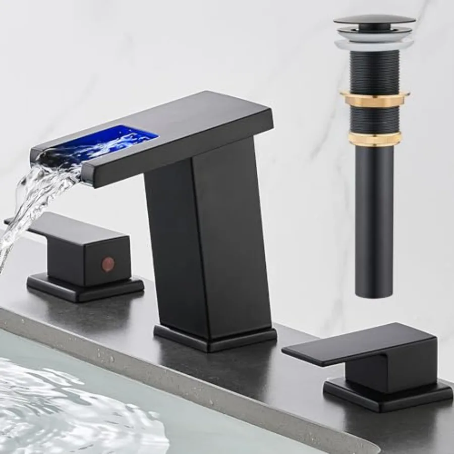 

LED Bathroom Faucet 3 Hole, Waterfall Bathroom Faucets, 8 Inch Widespread Modern Bathroom Sink Faucet and Parts, Wide Spread To