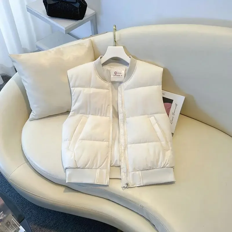 

Жилет женский однотонный парки без рукавов куртки с толстым воротником-стойкой повседневные жилеты на молнии офисные женские теплые карманы осень-зима 2025