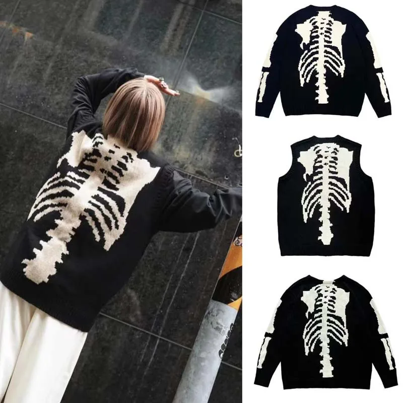 Kapital Vintage Hirata Bone Skeleton Retro Japanese Wind Piercing Knitted Hoodie Sweater for Men Fashion Cardigan