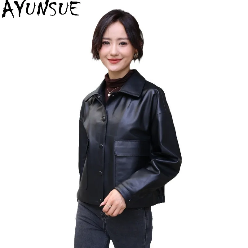 AYUNSUE Giacca in vera pelle da donna 2025 Cappotto in vera pelle di pecora Cappotto casual Loose Fit Primavera Autunno Vestiti Jaqueta De Couro