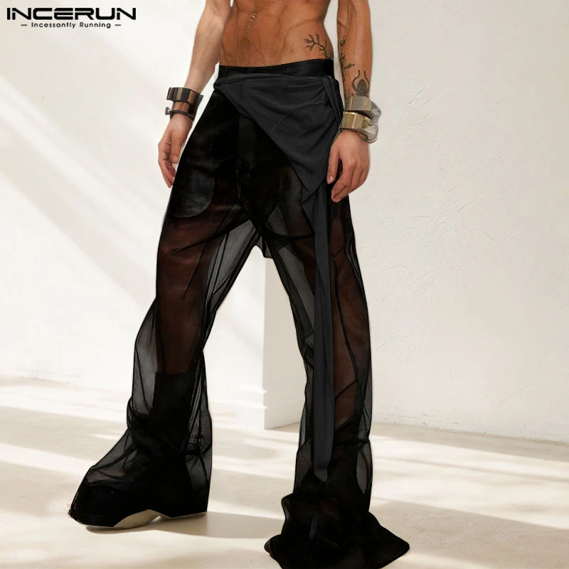 

INCERUN Men Pants Mesh Patchwork See Through Pleated Casual Trousers Men Sexy Loose Streetwear Fashion Unisex Long Pants S-3XL
