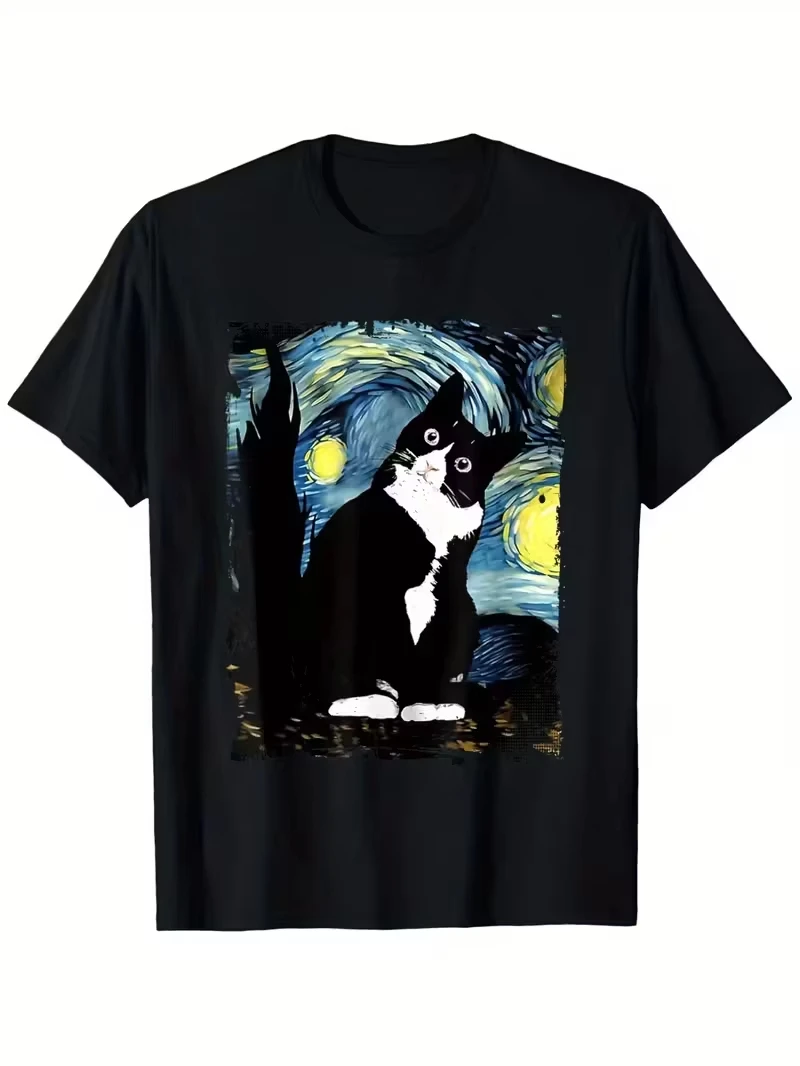 Men Women Unisex Casual T-Shirt Cat Starry Night Van Gogh Cat T-shirt for Cat Lover Cat Mom Cat Dad T-Shirt Casual Loose T-shirt