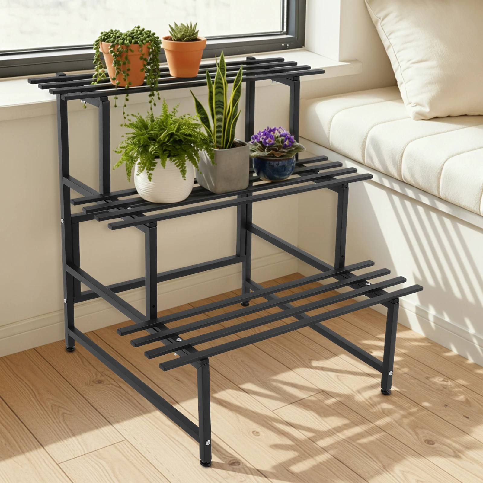 

Plant Stand, Planter Display Shelf, Plant Stand for Garden, Patio, Balcony, Three-Tiered Wrought Iron Trellis