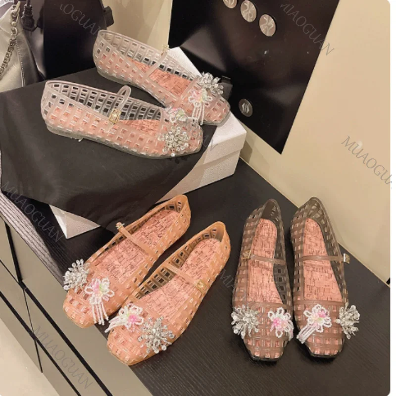 Exquisite Phalaenopsis Beaded Flower Jelly Shoes Mesh Hollow Buckle Straps Soft-Sole Sandals Fashion Charms Outdoor Women Shoes