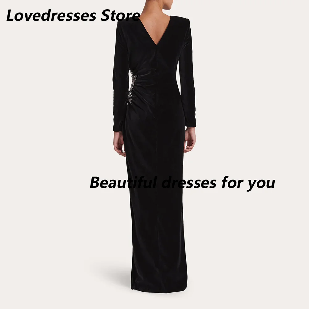 فساتين سهرة سوداء مخصصة برقبة دائرية وأكمام طويلة في المملكة العربية السعودية فستان حفلة موسيقية أنيق مطرز بشق جانبي مخملي #2