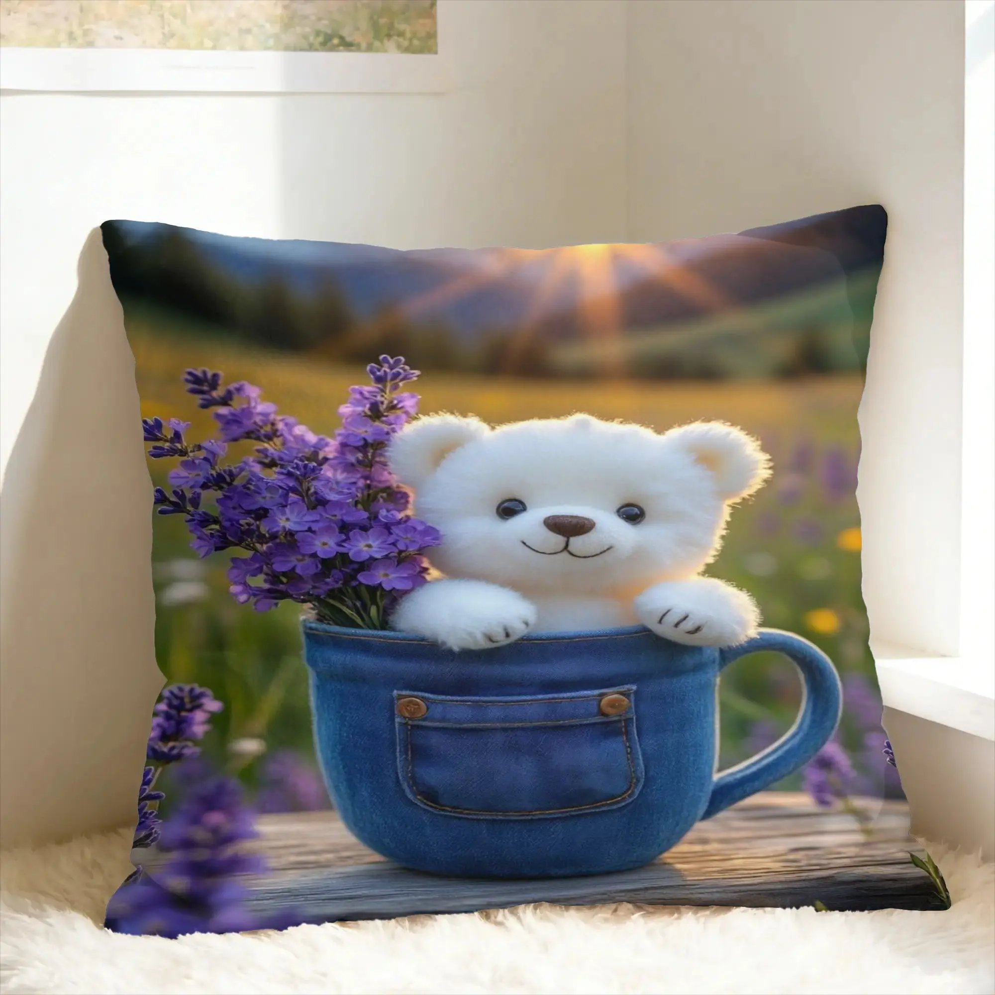 Colorful Teddy Bear Floral Pillow Case  Comfy Pillow Cover For Living Room Sofa Kawaii Pillowcases