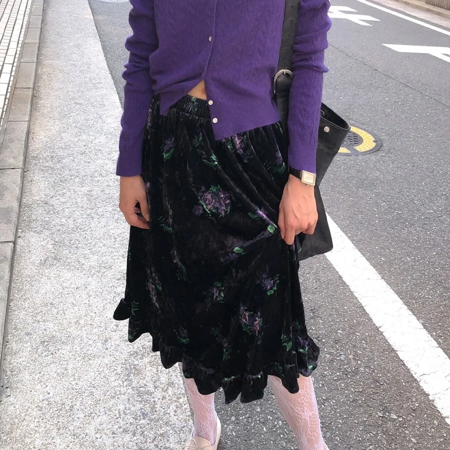 Korean Chic Vintage Floral Velvet Half Skirt Women Early Autumn High Waist Draping Midi A-Line Umbrella Skirt Polyester Fiber