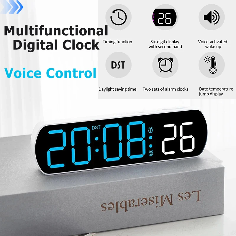 Voice Activated Multifunction Digital Alarm Clock LED Timer Clock 12/24H Temperature Date Display Desktop Alarm Clock Night Mode