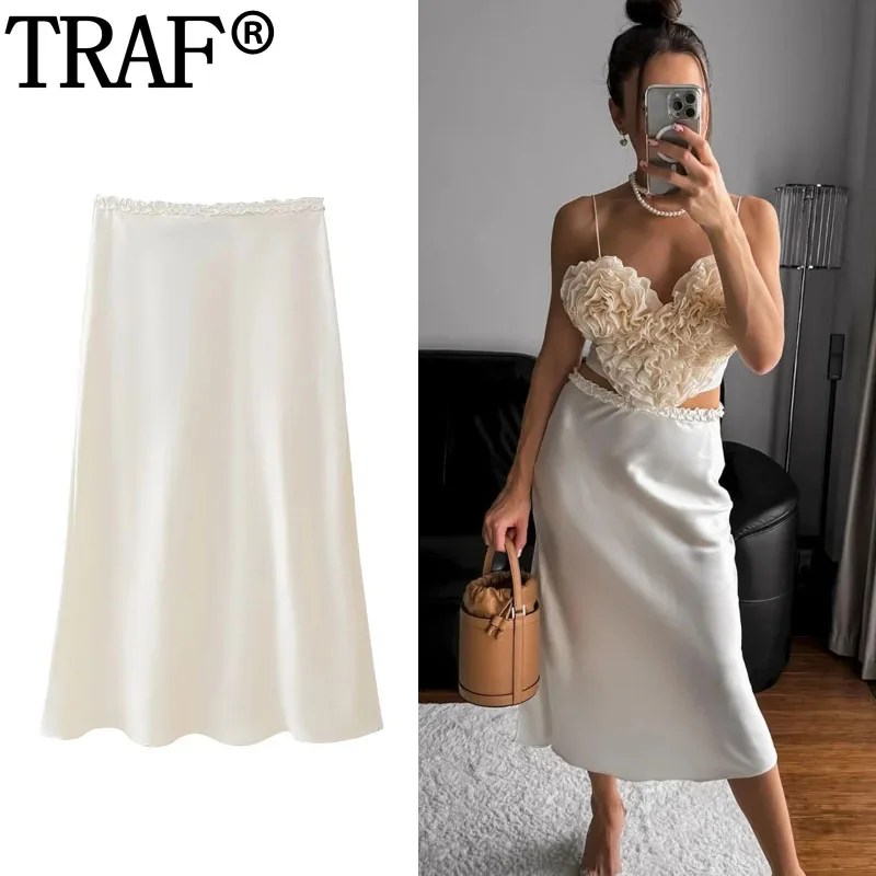 

TRAF Satin Long Skirts For Women Stylish High Waist Skirt Woman Ruffle Waist Summer Midi Skirt With Slit Elegant Women's Skirt