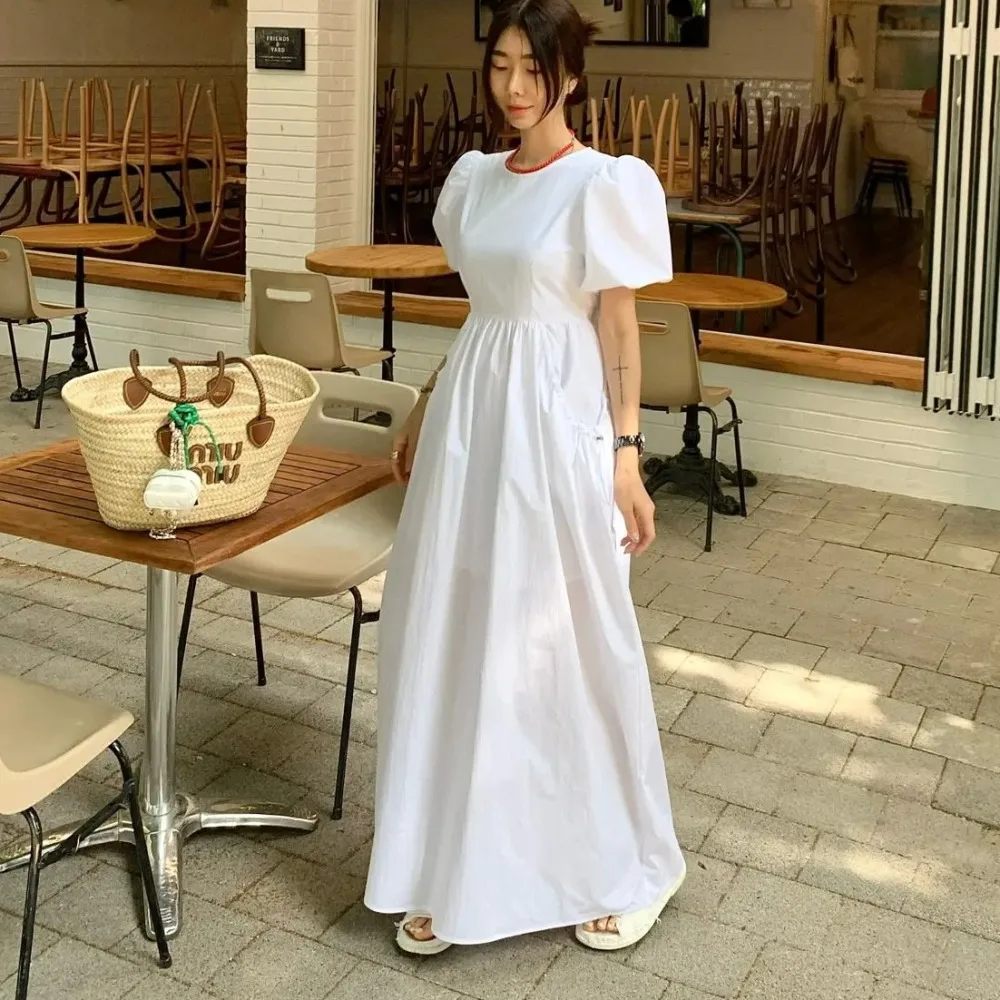 Women\'s Summer Pure Cotton Long Dress Big Pocket Puff Sleeve High Waist Large Hem Maxi Flattering Sundress Female