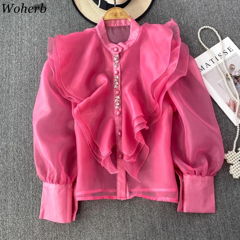 

Stand Neck Diamond Korean Blouses 2025 Blusas Mujer De Moda Puff Sleeve Fashion See Through Shirts Ruffles Loose Solid Blouse