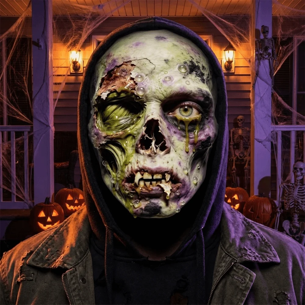 2D Flat Printed Full Face Mesh Headgear Washable Breathable Skull Zombie Mask Comfortable Flexible Halloween Cosplay Mask