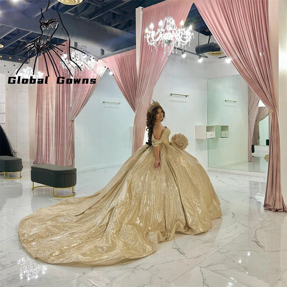 

Champagne Off The Shoulder Ball Gown Quinceanera Dress Sparkly Birthday Party Gowns Prom Dresses Sweet 16 15 Robe De Bal