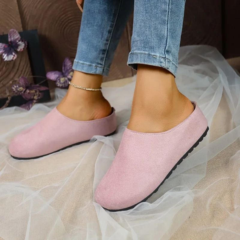 Chinelos femininos dedo do pé fechado dedo do pé redondo camurça tamancos mules primavera outono retro grosso sola inferior chinelos femininos zapatos de mujer