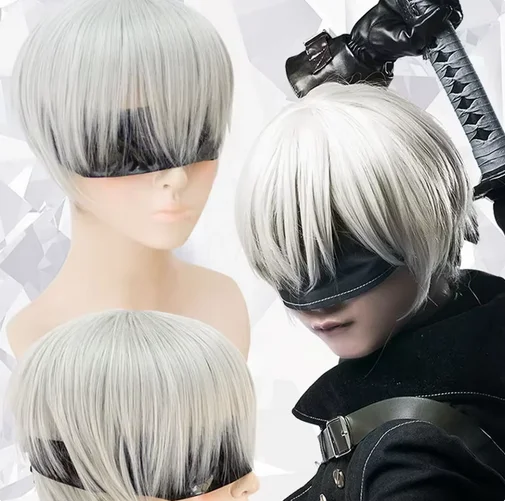 Automata Anime Cos peluca gris plateado corto recto Cosplay peluca sintética YoRHa No.9 modelo peluca