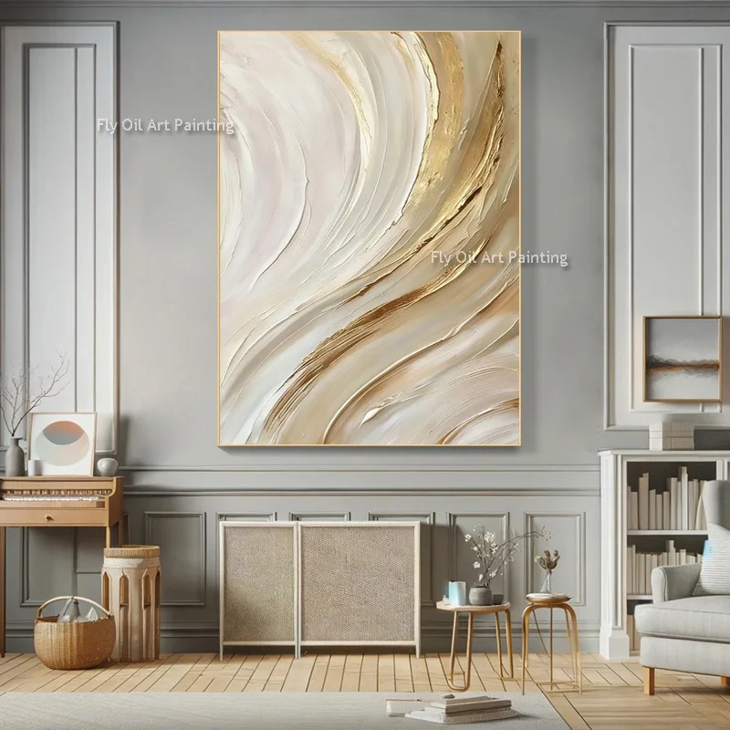 Elegant Gold Swirl Abstract Canvas, Original Hand‑Painted Impasto Oil Painting, Neutral Beige Luxury Modern Home Wall Decor