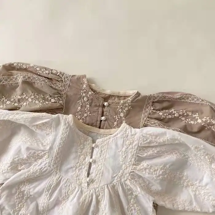 

Newborn Kids Spring Autumn Rompers 2025 New Korean Fashionable Girls Solid Color Floral Embroidery Long Sleeve Princess Bodysuit