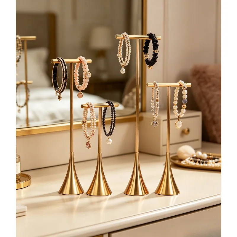 4pcs Gold Metal Jewelry Display Stand, T-Bar Holder for Necklace & Earring, Photo Prop for Shop