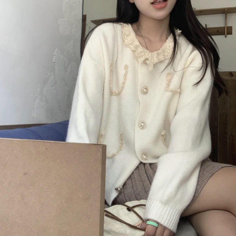 Sweet Lace Cardigan Women Kawaii Sweater O-neck Temper Gentle Knitwear Korean Fashion Girlish Y2k Clothes Кардиган Женский Cozy