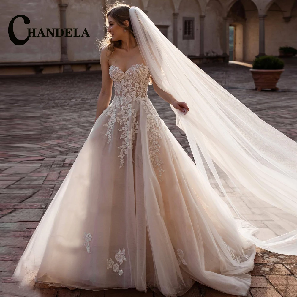 CHANDELA-vestido de novia sin tirantes, impresionante, Apliques de encaje y vestido de novia fluido, personalizado
