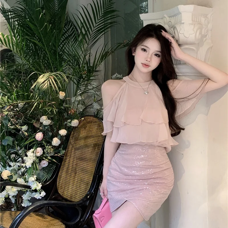 

Сексуальный комплект с юбкой Bared irt And ort, женский облегающий блестящий корейский комплект для поездок на работу, весенний сезон, универсальный размер