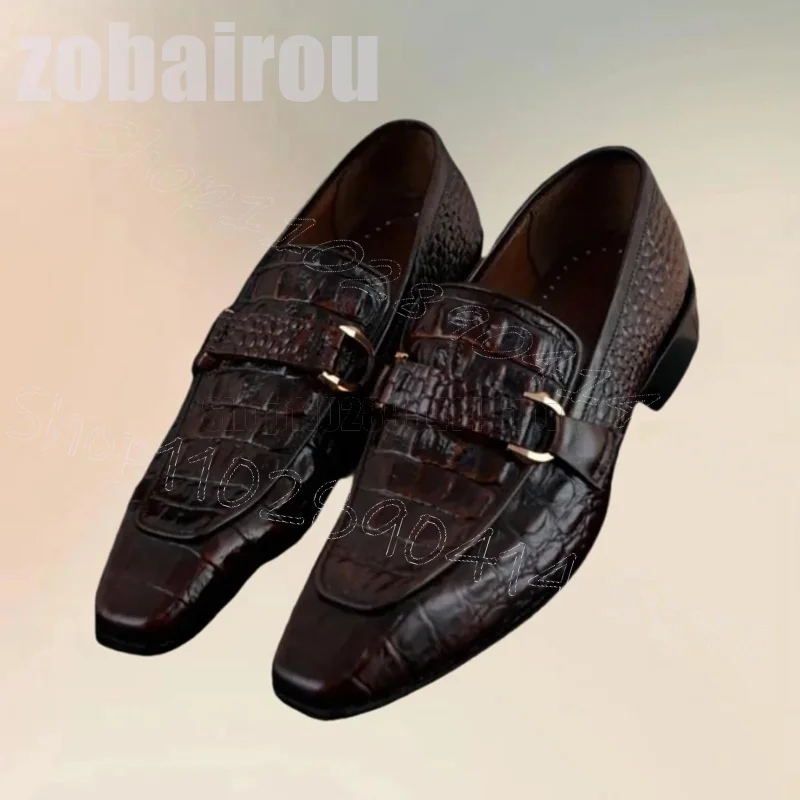

Brown Crocodile Print Belt Fastener Men Loafers Fashion Slip On Men Shoes Luxury Handmade Party Banquet Office Men Dress Shoes