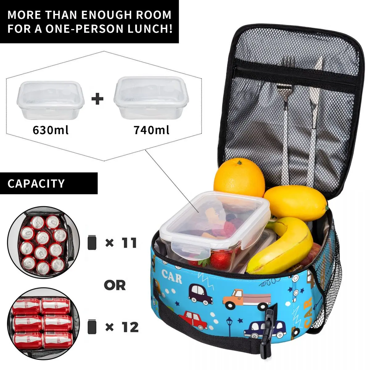 Cartoon Bulldozer Excavator Fire Truck Lunch Bag Retro Lunch Box School Convenient Tote Food Bags Print Cooler Bag