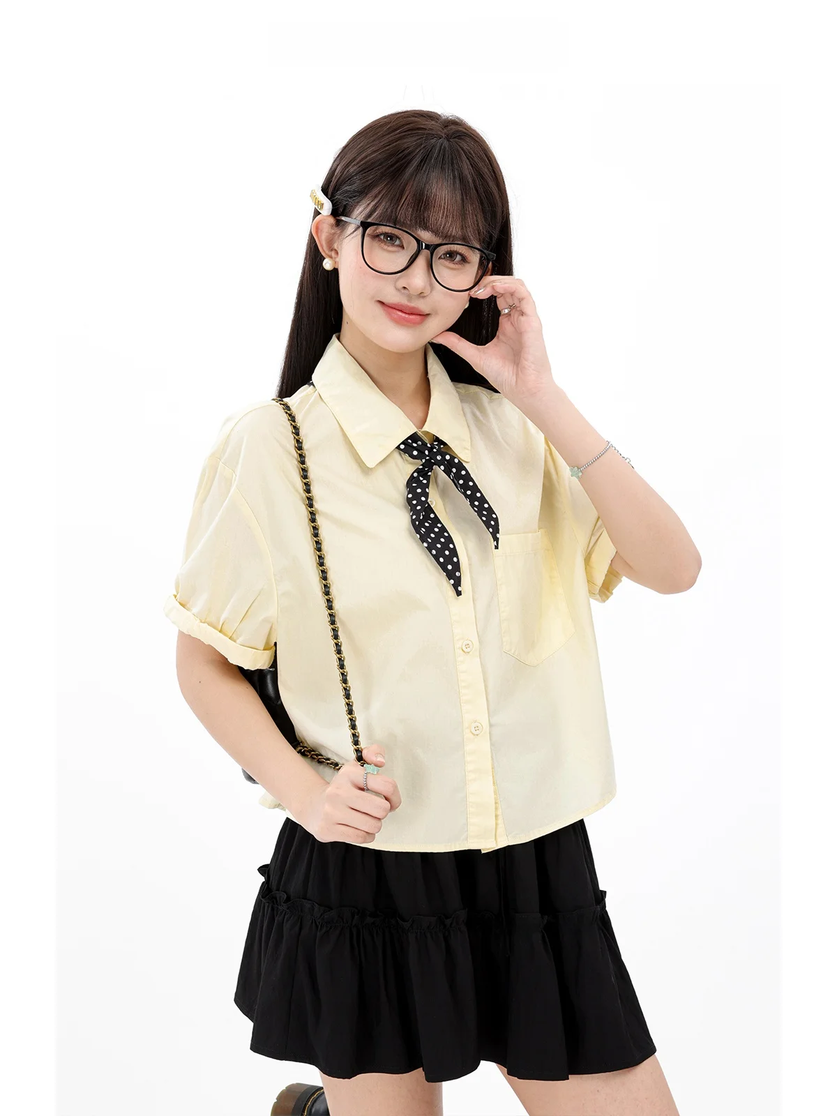 

Женская повседневная свободная летняя блузка Ele ort Yellow в корейском ретро-стиле с воротником-стойкой, стройнящая фигуру, для офиса и повседневной носки