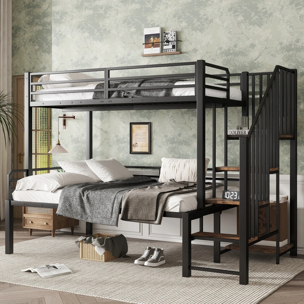 PINGGO Eisen-Etagenbett für Kinder und Jugendliche mit Stauraum-Eckschrank, Eisen & MDF, Schwarz Vintage-Holz, 90x200cm 120x200cm, ohne Matratze – Detail 4