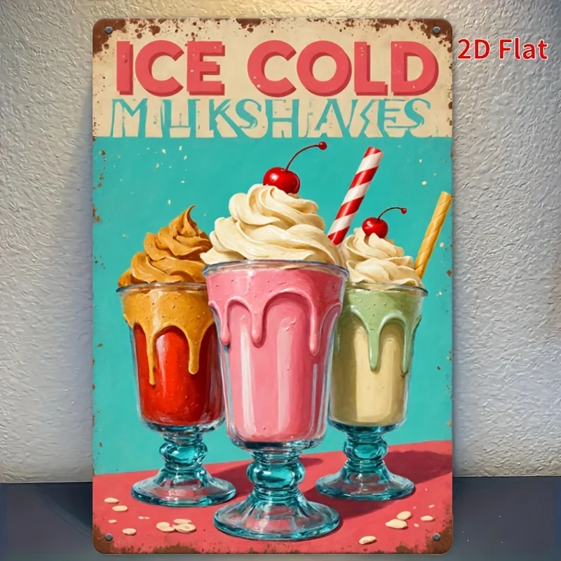 2D Flat - [2D Flat] Hot-Selling New Product: 1pc-2D Flat Printed, 'Chilled Milkshake' Themed 8X12 Inch Vintage Metal Decorativ