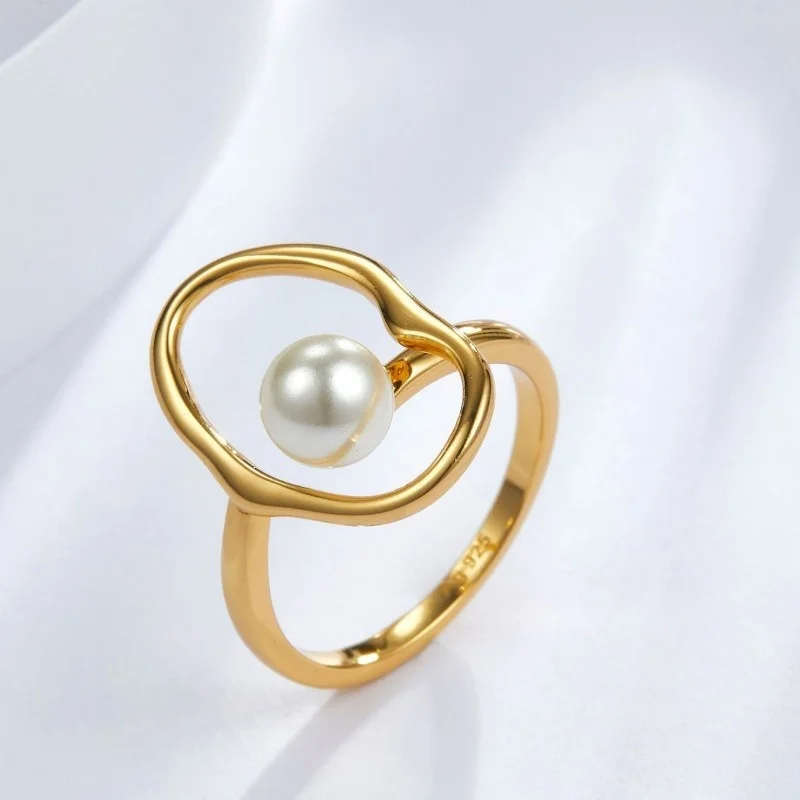 925 Sterling Silver Gold Plated Line Shell Pearl Women\'s Ring Minimalism Fashion Elegant Rings Girls Party Gift 2021 New Trend