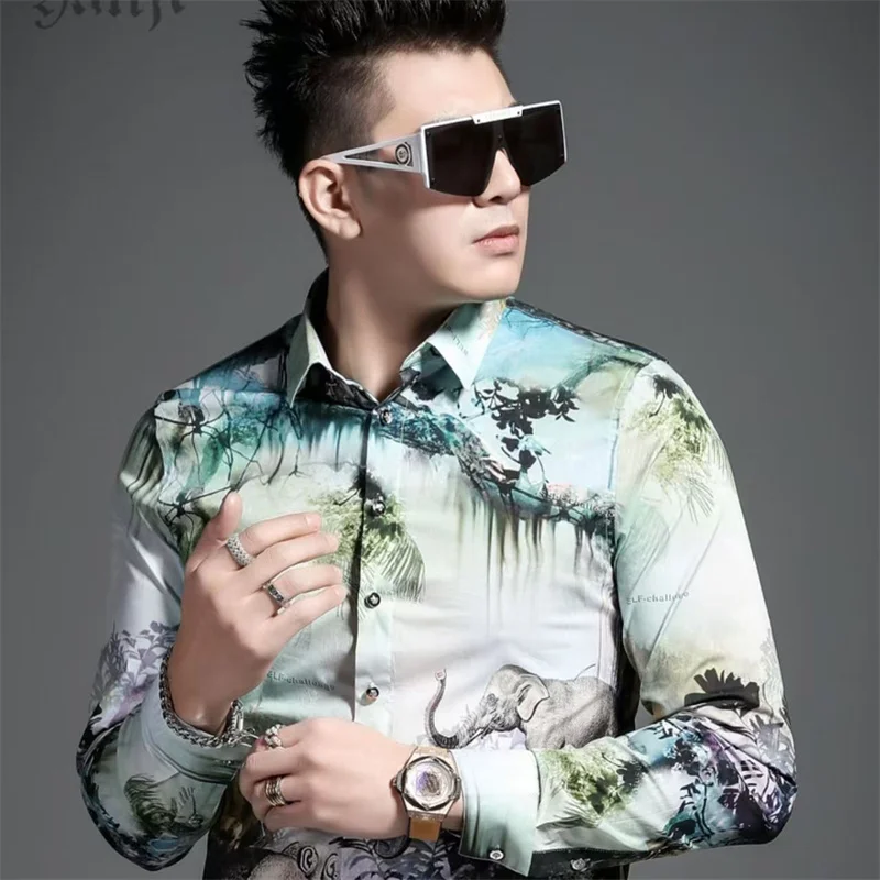 Y2K Lente Man Vintage Print Sociale Shirts Luxe Heren Slim Fit Hawaiiaanse Overhemd Met Lange Mouwen Fashion Casual Chemises Hommes
