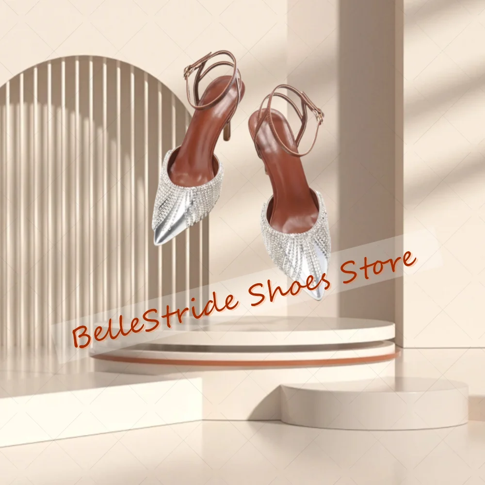 

Silver Pointed Toe Crystal Tassels Sandals Buckle Strap Women Shoes Thin High Heels Party Banquet Dating 2025 Zapatos Para Mujer