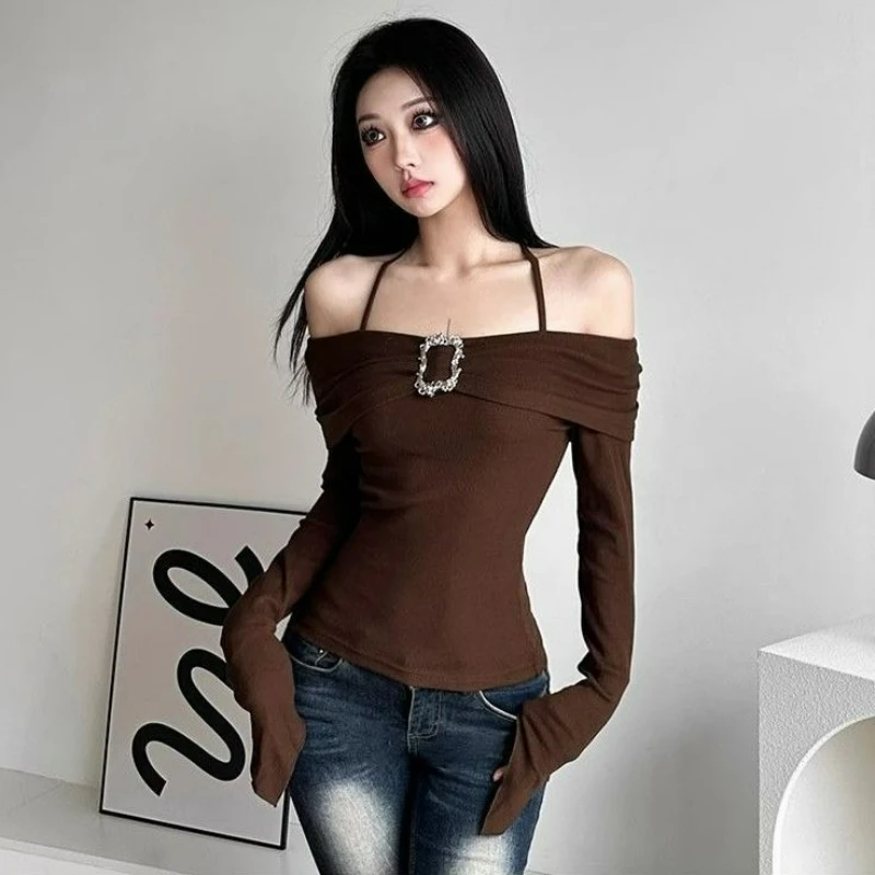 Modna, gruba, ocieplana warstwa bazowa, koszulka damska 2026, nowy zimowy styl, długi rękaw, bluzka z jednym ramieniem, z zapięciem na klamrę typu tower buckle, top na ramiączkach.