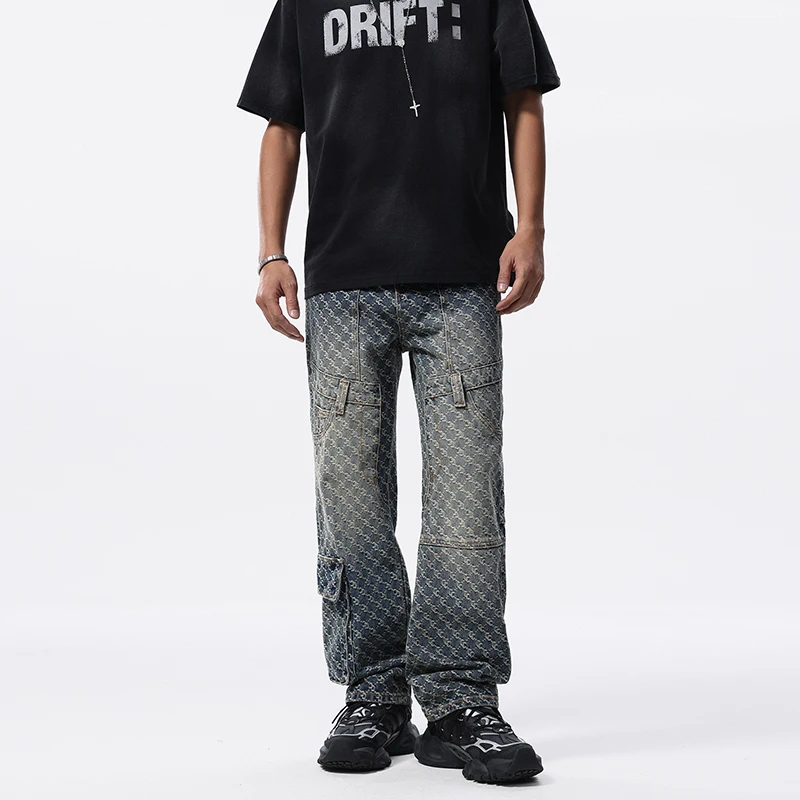 

655 new cotton American high-quality retro tide high street fashion jacquard loose straight jeans boys pants