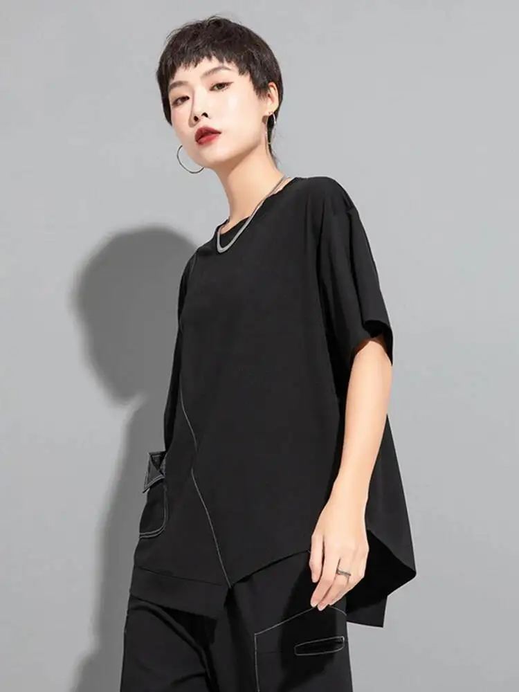 Women White Topstitched Irregular Hem Big Size T-shirt New Round Neck Short Sleeve Fashion Spring Summer