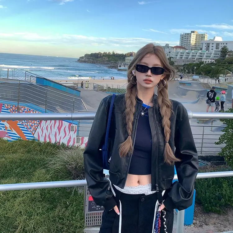 Vroege herfst Amerikaanse Sle ort rood leer Jaet dames high-end gevoel 2024 nieuwe kleine maat Jaet ritssluiting lange Sve