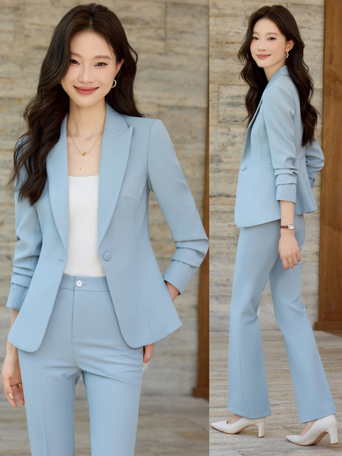 Light Blue Women's Suit Jacket Professional Host Career Set Commute Style Waist-Cinched Three-Button Sleeve Polyester Fiber