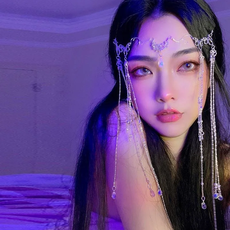 

Zhao Lusi's same antique exotic headdress Hanfu tassel hair ornament ancient costume forehead eyebrow drop face curtain