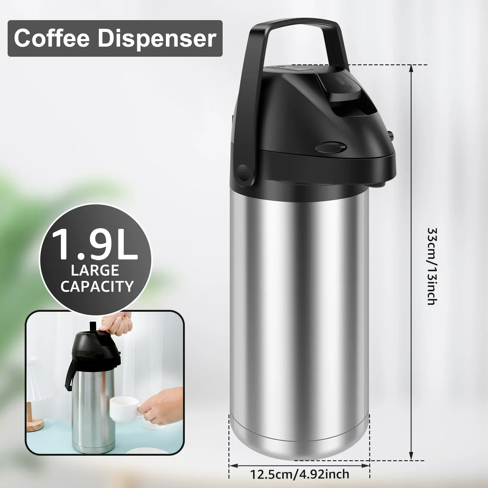 1.9L Thermos Bottle Stainless Steel Push-type Coffee Drink Beverage Dispenser Leak-proof Party Hot and Cold Beverage Dispenser